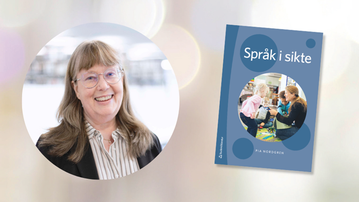 Bild på Pia Nordgren och mockup av boken Språk i sikte