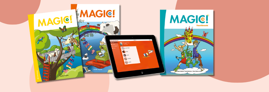 Magic! 1–3 – omslag till tryckta läromedel och digitalt läromedel i engelska för lågstadiet.