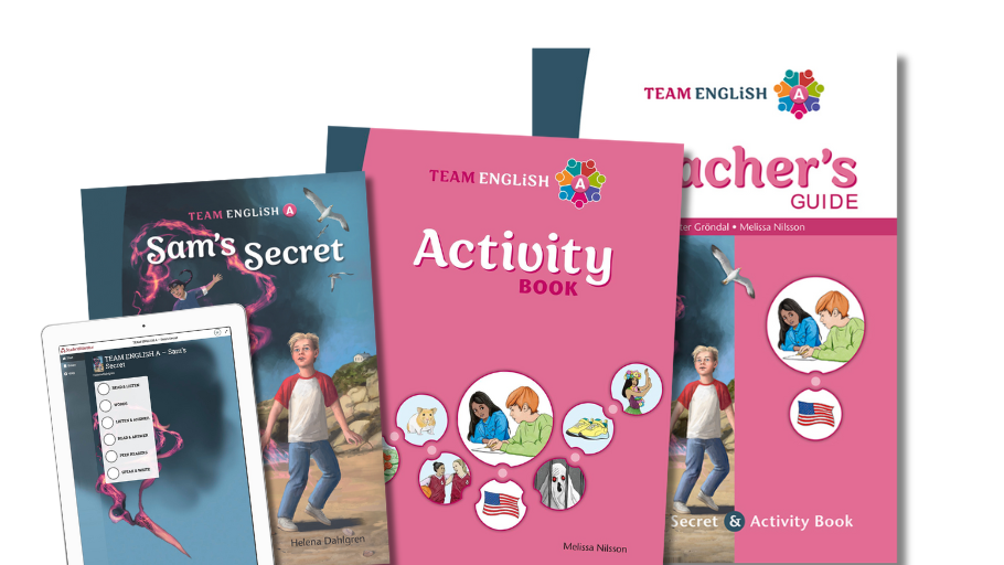 Läromedlet Team English A för årskurs 4-6 med boken Sam’s Secret och Activity Book för samarbetsinriktad engelskundervisning.