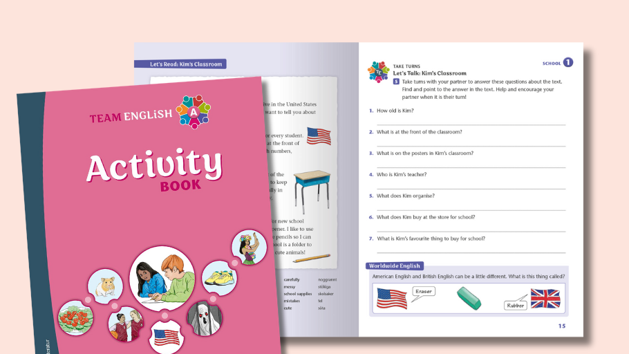 Activity Book är en tematisk engelskbok som tränar alla färdigheter via kooperativt lärande och följer en resa genom sju USA-regioner.