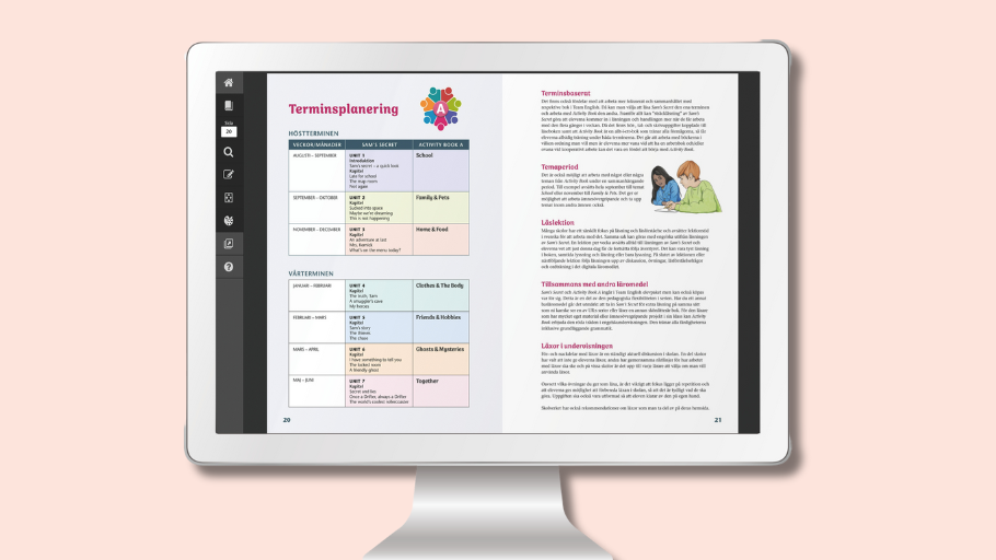 Digitalt lärarpaket med planering, ljudfiler och uppgifter för Sam’s Secret och Activity Book, samt verktyg för digital feedback.