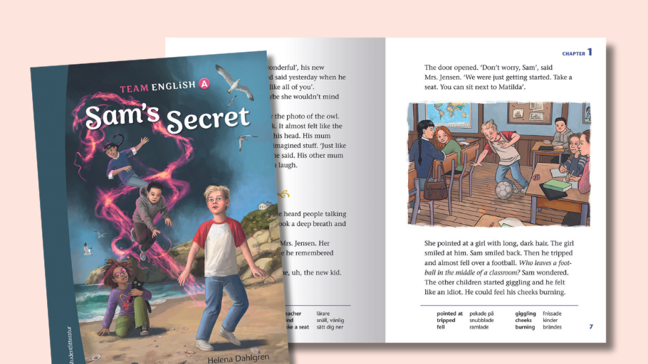 Omslag till Sam's Secret, en illustrerad fantasybok med 21 kapitel och hörförståelseövningar, fylld med lässtödsglosor.