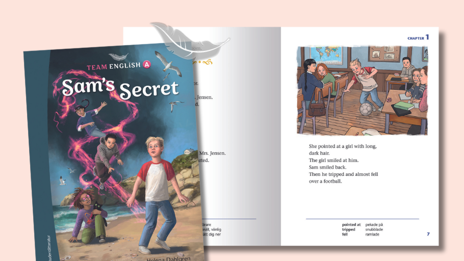 Omslag till Sam's Secret Support, en lättläst version med luftig layout och fjädermotiv, anpassad för ökad läsförståelse