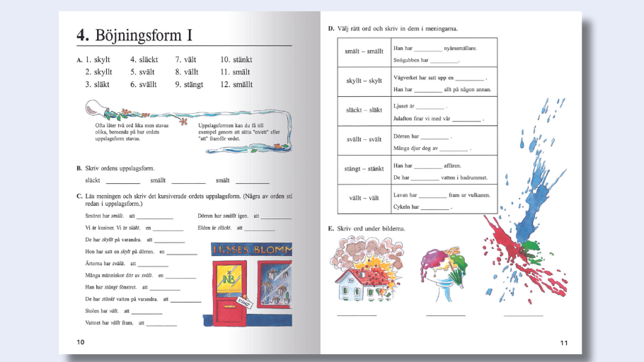 Uppslag ur Veckans ord 5 från kapitel fyra som handlar om böjningsformen i.